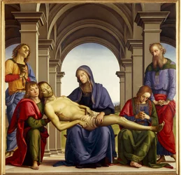 Pietà. Rond het lichaam van Jezus Christus zijn afgebeeld: Sint-Jozef van Arimathea, Sint-Nicodemus, Sint-Maria Magdalena, Sint-Jan en de Maagd Maria. Schilderij door Pietro di Cristoforo Vannucci, genaamd Il Perugino