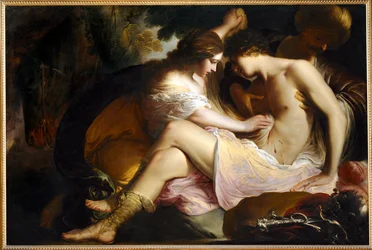 Tancred gewond, verzorgd door Hermione, na het duel met Argante de Saraceen (schilderij op doek)
