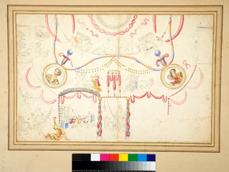Een ontwerp voor een plafond met man en vrouw (bustes) in centrale cirkel