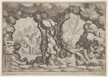 Een reus die een rotsblok heft in het midden, andere reuzen links en rechts worstelen en rec..., ca. 1680