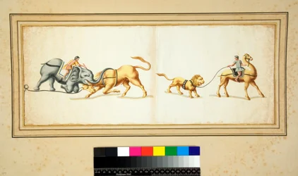 Kopie van een mozaïek van een olifant die vecht tegen een stier (zwarte krijt, sommige met pen en bruine inkt. gekleurd met aquarel)