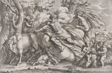 Io links als koe, Jupiter op een wolk in het midden en Juno rechts