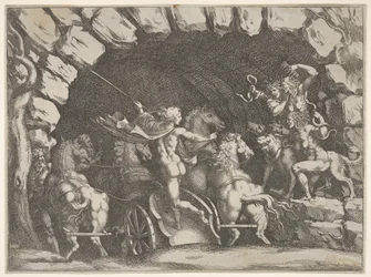 Pluto, van achteren gezien, betreedt de Onderwereld op zijn wagen, Cerberus en drie Fur...