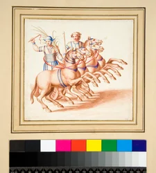 Twee wagenmenners (zwarte krijt, sommige met pen en bruine inkt. gekleurd met aquarel)