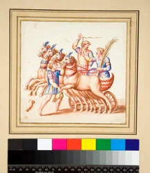 Twee wagenmenners (zwarte krijt, sommige met pen en bruine inkt. gekleurd met aquarel)