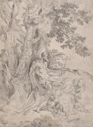 Sint Hiëronymus voor een Kruisbeeld met een Leeuw en Drie Putti