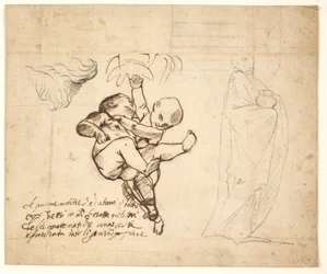 Studie voor twee spelende putti, bladeren en een gedrapeerd figuur met een urn