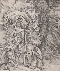 De droom van St. Joseph, die rechts slaapt, de Maagd en het Kind bij een kruis