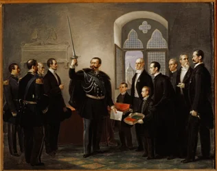 Vittorio Emanuele II van Savoye, in Pistoia, zwaaiend met het zwaard van de gibelin condottiere Castracani