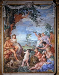 Allegorie van de vier leeftijden, de gouden eeuw Fresco door Pietro da Cortona (Pietro Berrettini) (1596-1669) 1637 Zaal van de Kachel (Stanza della Stufa), Palatijngalerij, Palazzo Pitti, Florence