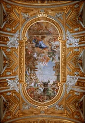 De Maagd verschijnt aan de heilige Filippo Neri tijdens de bouw van de kerk. Aanzicht van de gewelfschilderingen van Pietro da Cortona (1596-1669), Wonder van de Madonna della Vallicella door Pietro da Cortona, plafondfresco