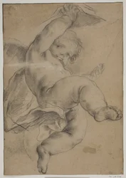 Vliegende putto die een gordijn optilt