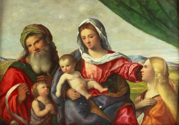 De Madonna en het Kind met het Kind St.Johannes de Doper, St.Catharina en St.Zacharias in een landschap (olieverf op doek)