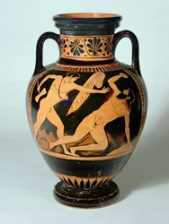 Roodfiguur halsamfoor met afbeelding van Theseus die op het punt staat Procrustes te doden, 480-470 v.Chr.