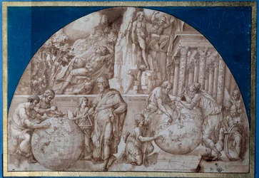 Allegorie van de astronomie. Wetenschappers nemen metingen op aardgloben. Tekening met bruine inkt door Pirro Ligorio (circa 1500-1583) 16e eeuw