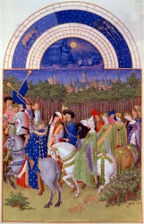 Stoet van edelen en muzikanten te paard, uitzicht op het hertogelijk paleis van Riom (?) en de maand mei