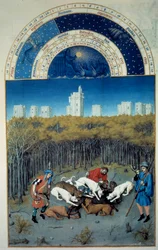 December: jachtscène. Op de achtergrond uitzicht op Vincennes