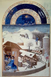 De maand februari: sneeuw. Op de voorgrond een boerderij met een schaapskooi, landbouwwerk, bomen kappen - Miniatuur in De zeer rijke uren van de hertog van Berry door Pol De Limburg (15e eeuw). Chantilly, Musee Conde