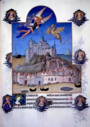 Gezicht op Mont-Saint-Michel: de aartsengel Sint-Michiel en de gevleugelde draak zijn vechtend in de lucht afgebeeld. Vlaamse miniatuur van Pol de Limbourg uit “Het boek van de goede zeden” van Jacques Legrand (1360-1415/1418), opgedragen aan Johannes.