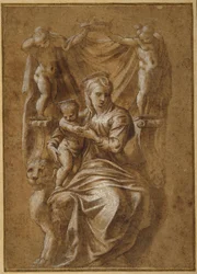 De Madonna en Kind op een troon