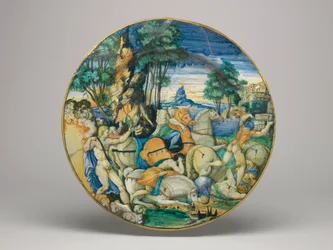 Maiolica schaal, Apollo doodt de zonen van Niobe - Vorm ongeveer 64 met gladde rand, basis van schaal, 1548