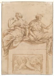 Studie van een zittende oude man (recto); Kopie (door een onbekende kunstenaar) naar een studie van Perino del Vaga voor de Sala Paolina, Castel Sant