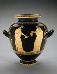 Rood-figuur Stamnos met scène van Dionysus met dienstmeid
