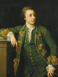 Portret van Thomas Fortescue, M.P., staand, driekwart lengte, gekleed in een groene jas en vest, leunend met zijn rechterarm op een voetstuk en een driekantige hoed in zijn linkerhand houdend, 1767