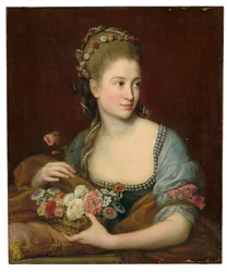 Portret van een dame als Flora, halflang, met een mandje bloemen