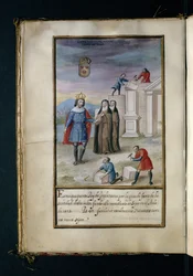 Bouw van het klooster in Syon, uit een geschiedenis van de omzwervingen van de nonnen van Syon, samengesteld in Lissabon in het begin van de 17e eeuw