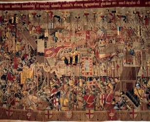 Verovering van Afrika: De verovering van Asilah (Arzila) in Marokko in 1471 door de Portugese vloot (fragment van een tapijt van de 16e eeuwse Portugese school)