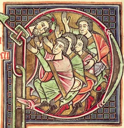 Ms 3088 fol.137r Geïllustreerde initiaal P die de dood van Jozua uitbeeldt, uit een Bijbel, 12e-13e eeuw