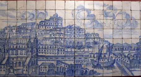 Panoramisch uitzicht op Lissabon, vóór de aardbeving van 1755 - Azulejos uit het begin van de 18e eeuw, paneel dat verwijst naar het voormalige paleis van de graven van Tentúgal, Lissabon, groot panorama van Lissabon vóór de aardbeving van 1755, faience