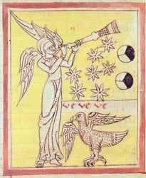 De engel die de trompet blaast, de zeven sterren en de adelaar van St. Johannes de Evangelist, uit de Apocalyps van St. Jean de Lorvao