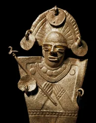 Precolumbiaanse kunst, Muisca-beschaving: beeldje van een vrouw (Tunjo) in ceremonieel gouden kostuum. 15e-17e eeuw. Bogotá, Museo del Oro, Colombia