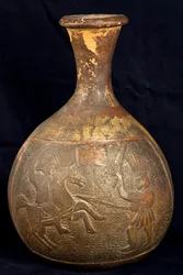 Fles met afbeelding van een gevecht tussen een ruiter en een krijger te voet (terracotta)