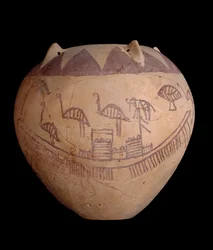 Gebakken kleipot met geschilderde decoratie, inclusief boten en dieren, ca. 3400-3300 v.Chr.