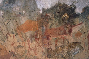 Menselijke en dierlijke figuren, bosjesmannen of san rotschilderingen, Maloti-Drakensberg Park (Unesco Werelderfgoedlijst, 2000), Lesotho