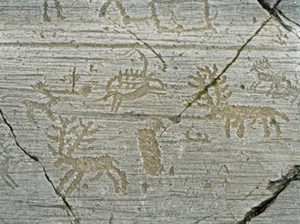 Prehistorie, beschaving van de Camunni, rotskunst: grafrots met een voorstelling van herten. Periode tussen het Neolithicum en de Bronstijd. Rots. 1. Capo di Ponte, Parco nazionale delle incisioni rupestri di Naquane, Valcamonica, Val Camonica, Italië