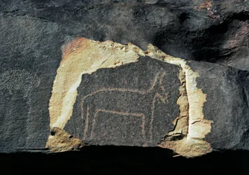 Prehistorie, rotstekeningen: grafrots van de voorstelling van een antilope. Steentijd 5000-2000 v.Chr. Taghit, Hoogplateau van de Hoggar (Ahaggar), Algerije