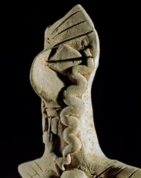Prehistorie: vrouwenhoofd. Klei beeldje uit centraal Turkmenistan (Gonur Tepe regio). 3000-2500 v.Chr., Bronstijd Moskou, Instituut voor Archeologie van de Russische Academie van Wetenschappen, Rusland