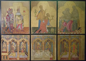 Reconstructie van een muurschildering die oorspronkelijk in de Sint-Stefanuskapel was, met op de onderste rij van links naar rechts: Thomas Woodstock (1355-97), Edmund Langley, John of Gaunt (1340-99), Lionel (1338-68), Eduard, de Zwarte Prins (1330-76)