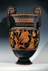 Attische roodfigurige volute-krater, versierd met een scène van acteurs en muzikanten die zich voorbereiden op een voorstelling, Grieks, uit Ruvo, 5e eeuw v.Chr.