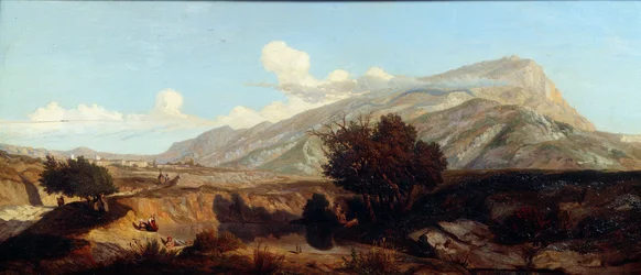 Zicht op de heilige berg, schilderij door Prosper Joseph Gresy (1804-1874)