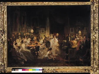 Emile Jean Horace Vernet (1789-1863) bespreekt de uitvinding van de daguerreotypie in de salon van Monsieur Irisson