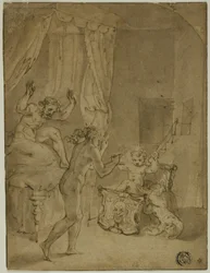 De jonge Hercules wurgt slangen in zijn wieg (recto); Gekroonde vrouw knielend in landschap, en andere schetsen (verso)