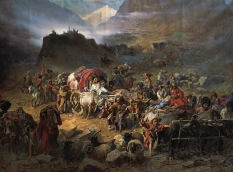 De bergbeklimmers verlaten de aul voor de komst van het Russische leger, 1872