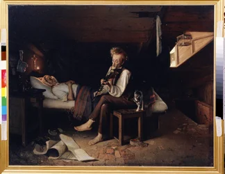 Een gekke violist aan het sterfbed van zijn moeder. In een armoedige kamer, geïnstalleerd op de zolder, rust een dode vrouw in haar bed met haar handen gevouwen op haar borst, onder een kruis verlicht door de vlam