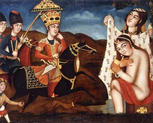 Khusraw ontdekt Shirin die zich baadt, ca. 1840
