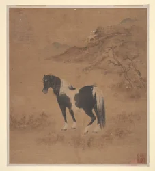 Paard en landschap (albumblad; kleur op zijde)